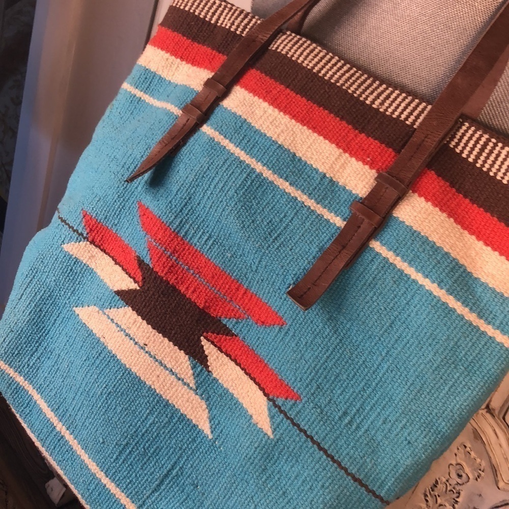 FOREVER 21 Navajo Blanket Leather Straps Turquoise and Red Tote Bag - Picture 3 of 9